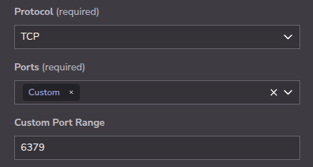 Cloud Manager UI for selecting protocol and port range.